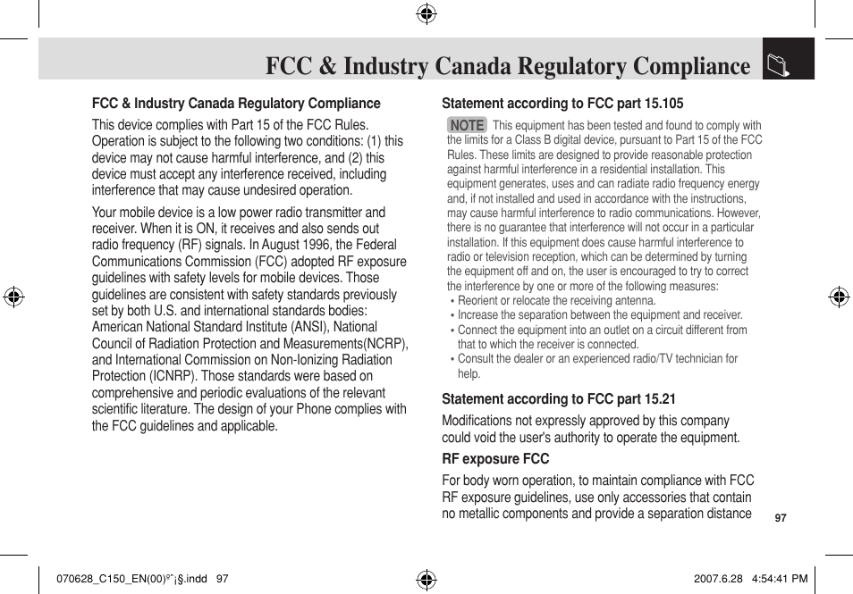 Fcc & industry canada regulatory compliance | Pantech C150 User Manual | Page 98 / 101