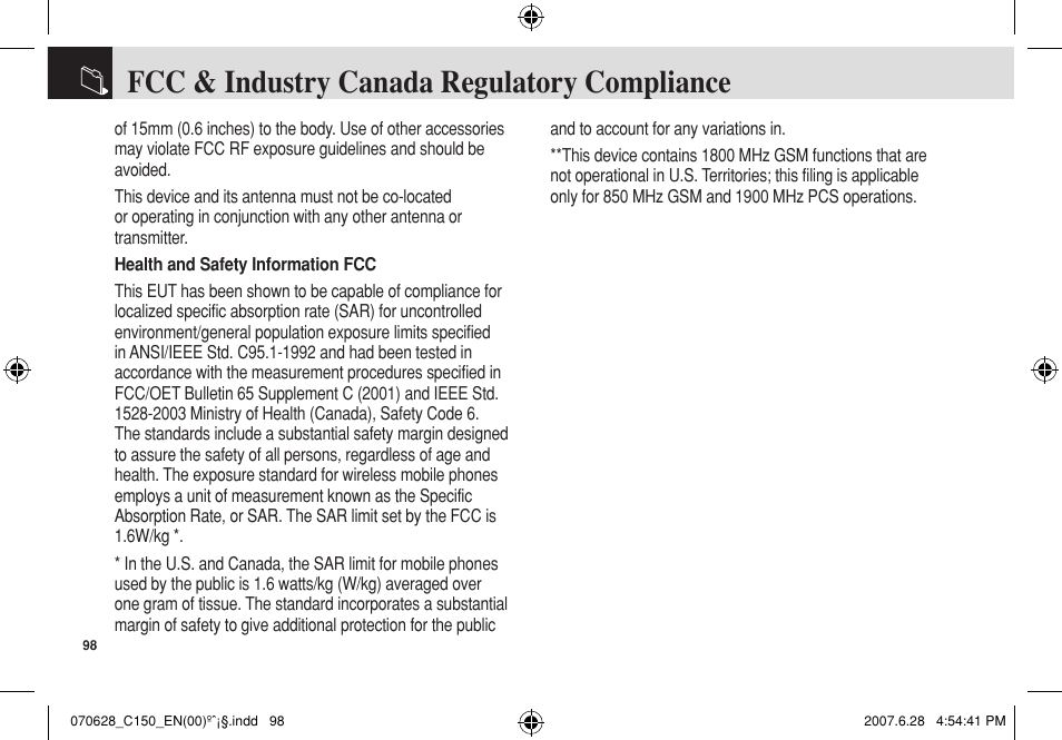 Fcc & industry canada regulatory compliance | Pantech C150 User Manual | Page 99 / 101