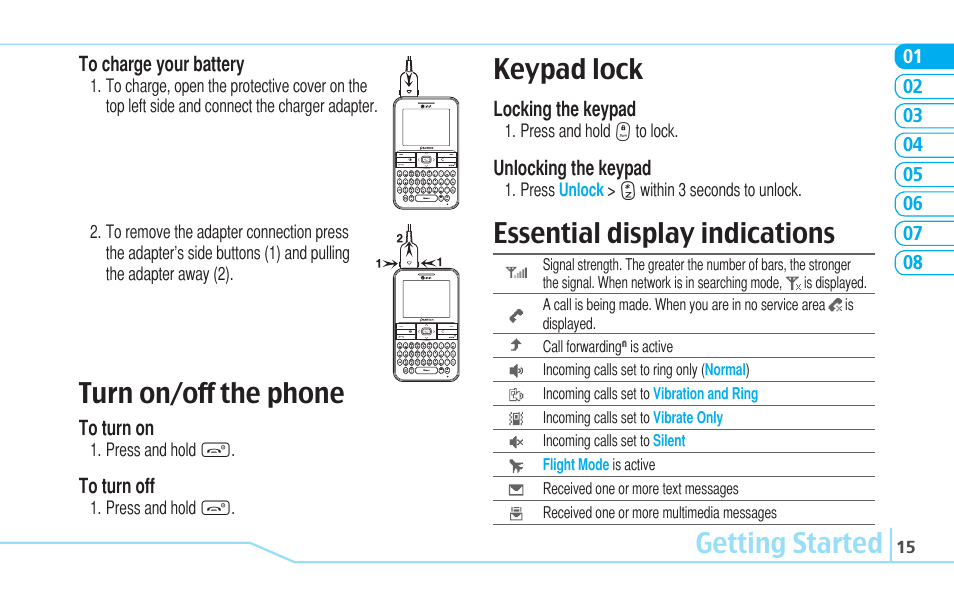 Getting started keypad lock, Essential display indications, Turn on/off the phone | Pantech C530 User Manual | Page 17 / 74