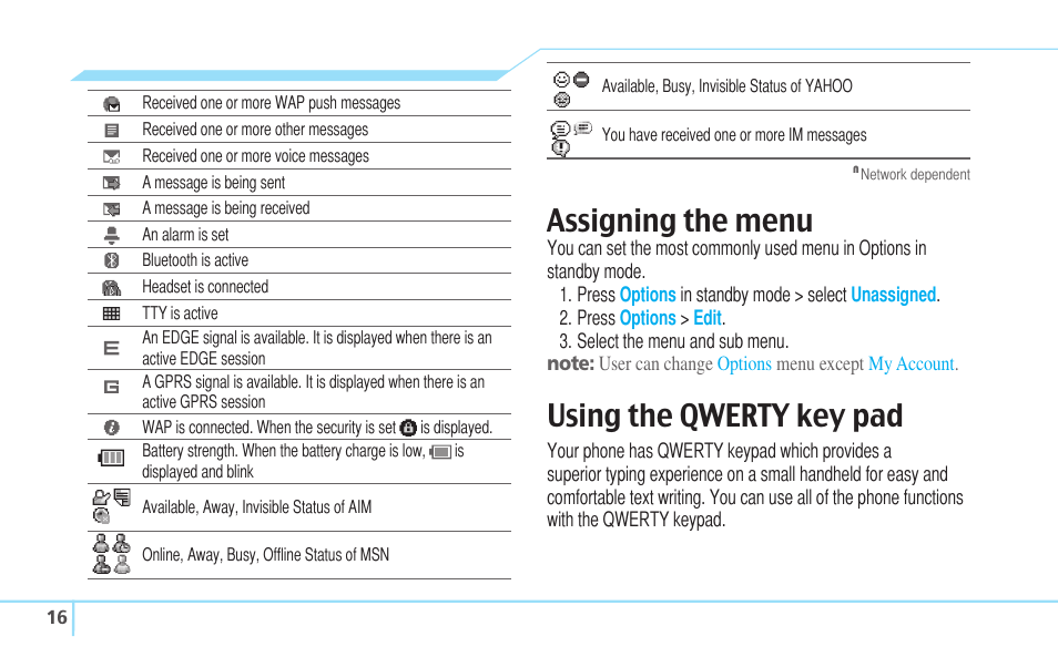 Assigning the menu, Using the qwerty key pad | Pantech C530 User Manual | Page 18 / 74