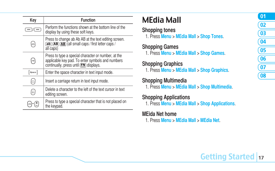 Getting started, Media mall | Pantech C530 User Manual | Page 19 / 74