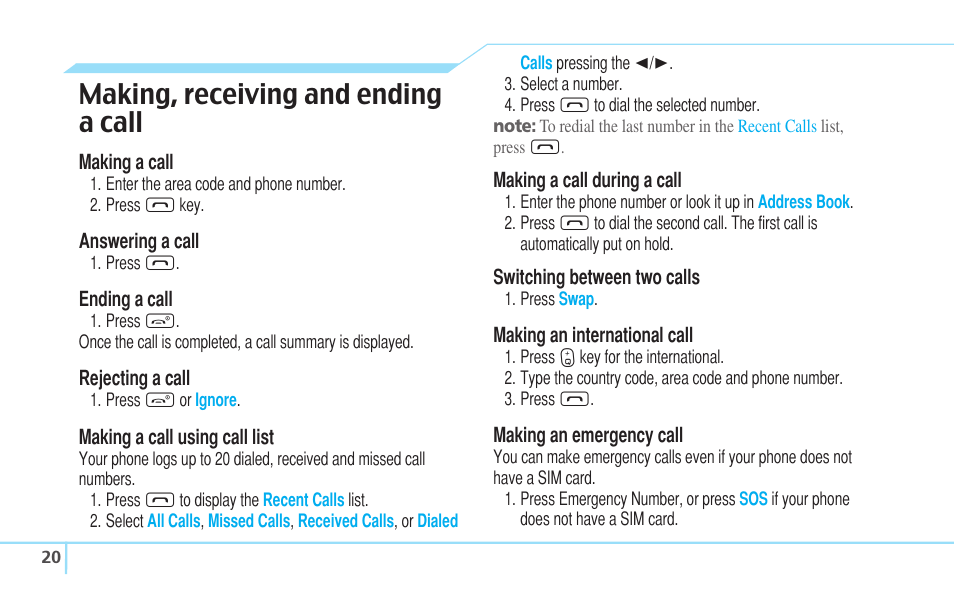 Making, receiving and ending a call | Pantech C530 User Manual | Page 22 / 74