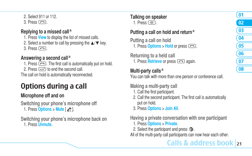 Calls & address book, Options during a call | Pantech C530 User Manual | Page 23 / 74