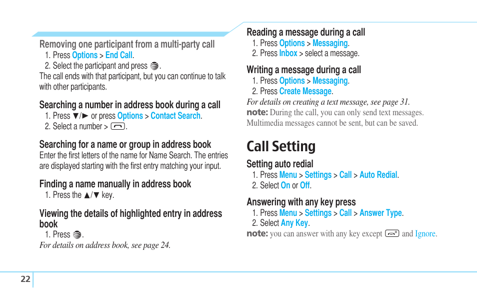 Call setting | Pantech C530 User Manual | Page 24 / 74