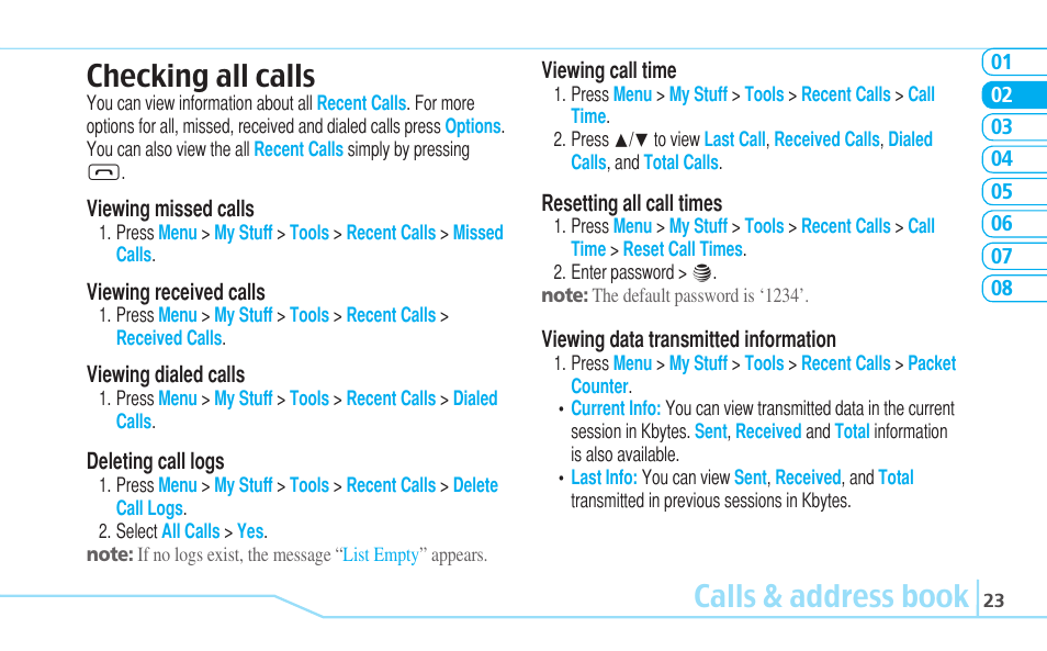Calls & address book checking all calls | Pantech C530 User Manual | Page 25 / 74