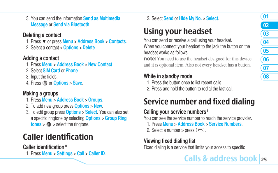 Calls & address book, Caller identiﬁcation, Using your headset | Service number and ﬁxed dialing | Pantech C530 User Manual | Page 27 / 74