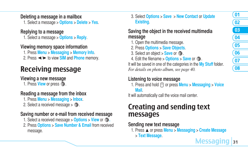 Messaging, Receiving message, Creating and sending text messages | Pantech C530 User Manual | Page 33 / 74