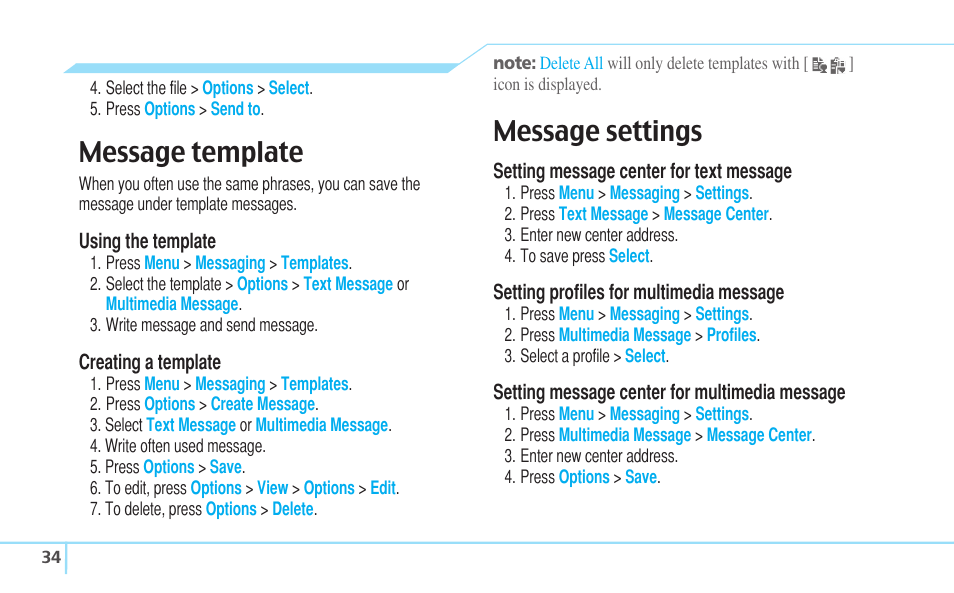 Message template, Message settings | Pantech C530 User Manual | Page 36 / 74