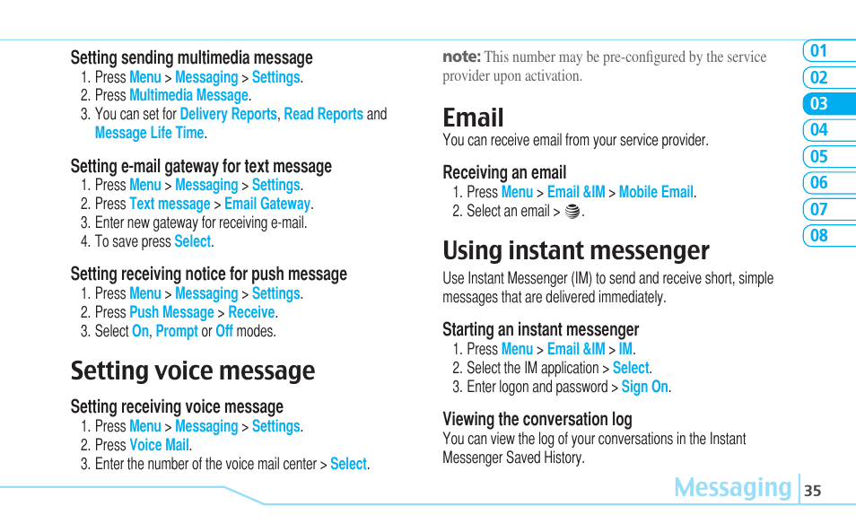 Messaging, Setting voice message, Email | Using instant messenger | Pantech C530 User Manual | Page 37 / 74