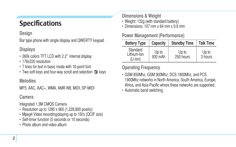 Speciﬁcations | Pantech C530 User Manual | Page 4 / 74