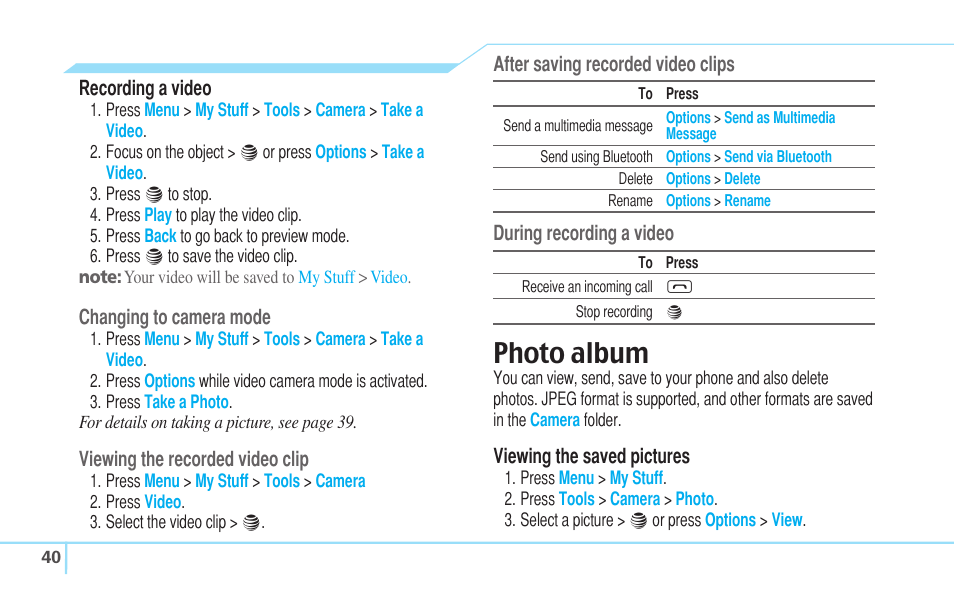 Photo album | Pantech C530 User Manual | Page 42 / 74