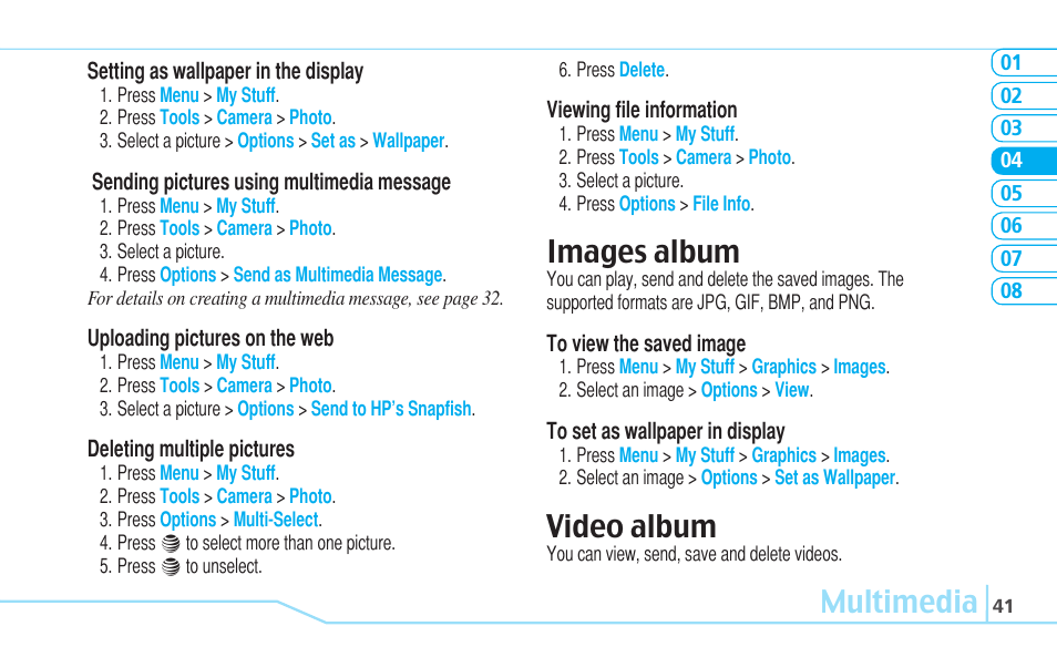 Multimedia, Images album, Video album | Pantech C530 User Manual | Page 43 / 74