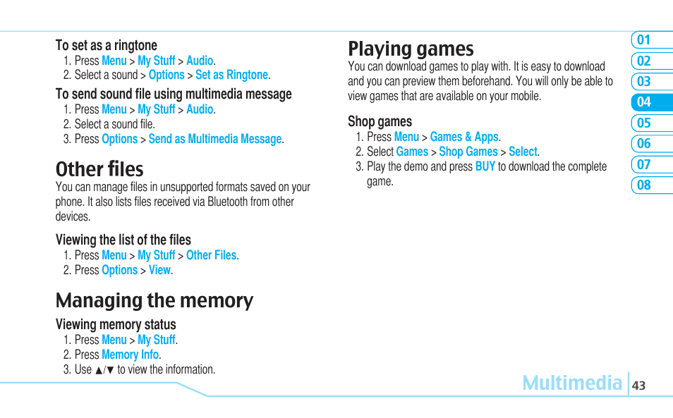 Multimedia, Other ﬁles, Playing games | Pantech C530 User Manual | Page 45 / 74