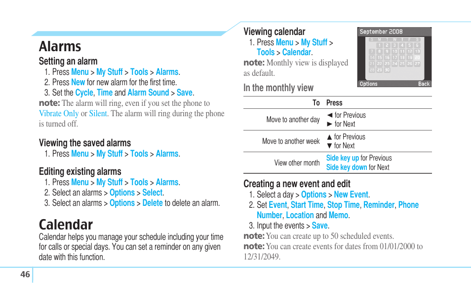 Alarms, Calendar | Pantech C530 User Manual | Page 48 / 74