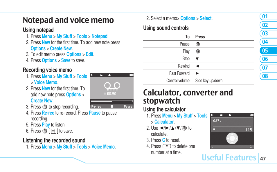 Useful features, Calculator, converter and stopwatch | Pantech C530 User Manual | Page 49 / 74