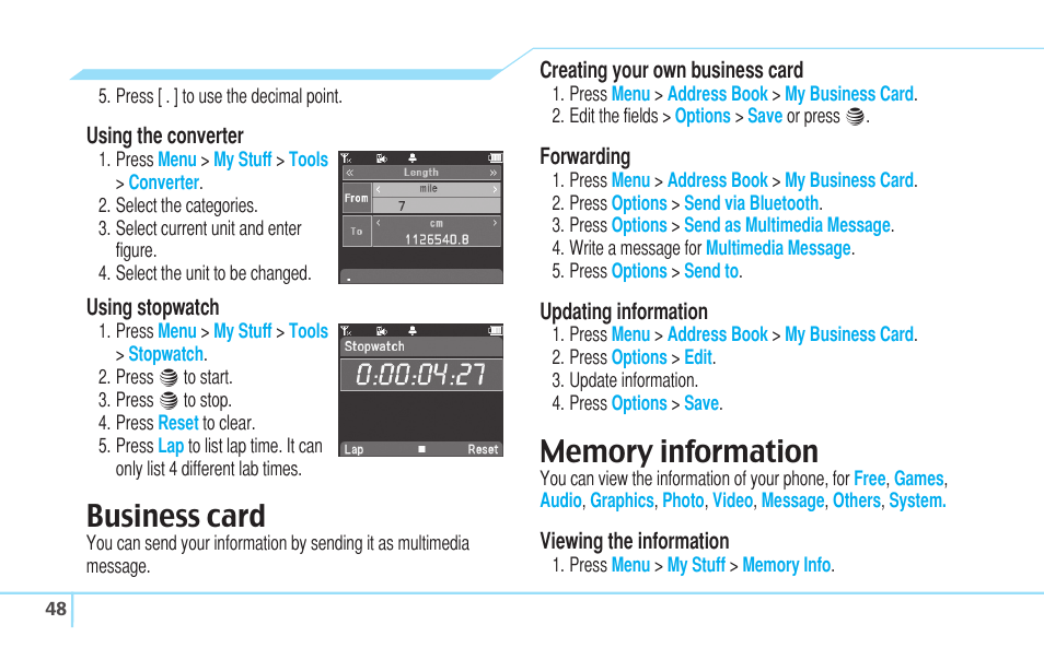 Business card | Pantech C530 User Manual | Page 50 / 74