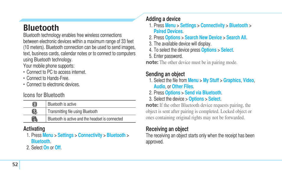 Bluetooth | Pantech C530 User Manual | Page 54 / 74