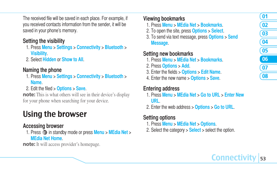 Connectivity, Using the browser | Pantech C530 User Manual | Page 55 / 74