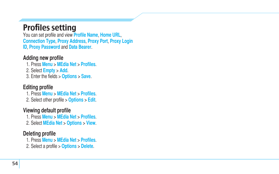 Proﬁles setting | Pantech C530 User Manual | Page 56 / 74