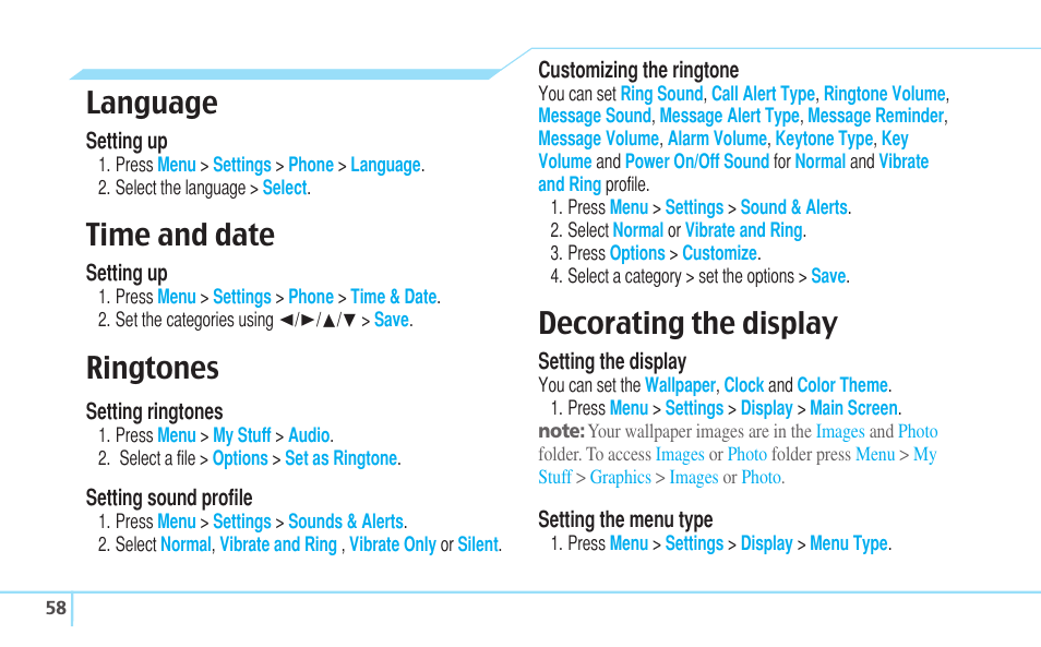 Language, Time and date, Ringtones | Decorating the display | Pantech C530 User Manual | Page 60 / 74