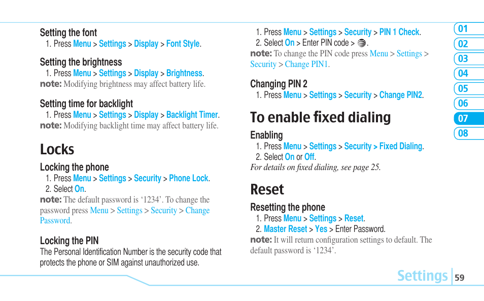 Settings, Locks, Reset | Pantech C530 User Manual | Page 61 / 74