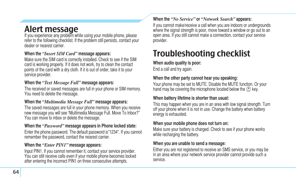 Alert message, Troubleshooting checklist | Pantech C530 User Manual | Page 66 / 74