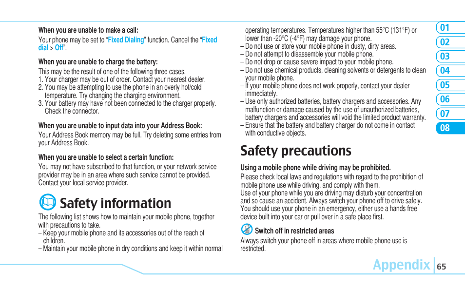 Appendix, Safety information, Safety precautions | Pantech C530 User Manual | Page 67 / 74