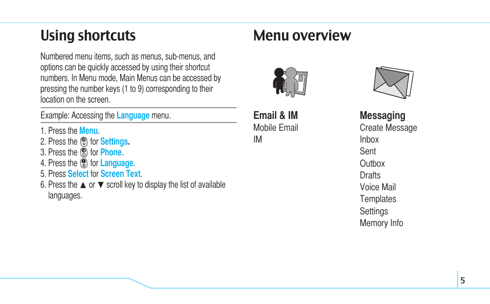 Using shortcuts menu overview | Pantech C530 User Manual | Page 7 / 74