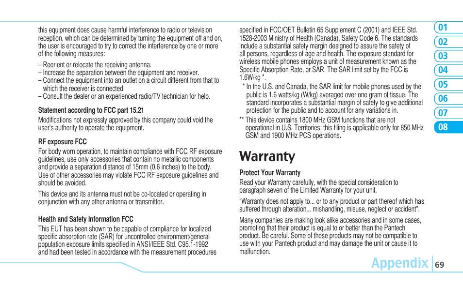 Appendix, Warranty | Pantech C530 User Manual | Page 71 / 74