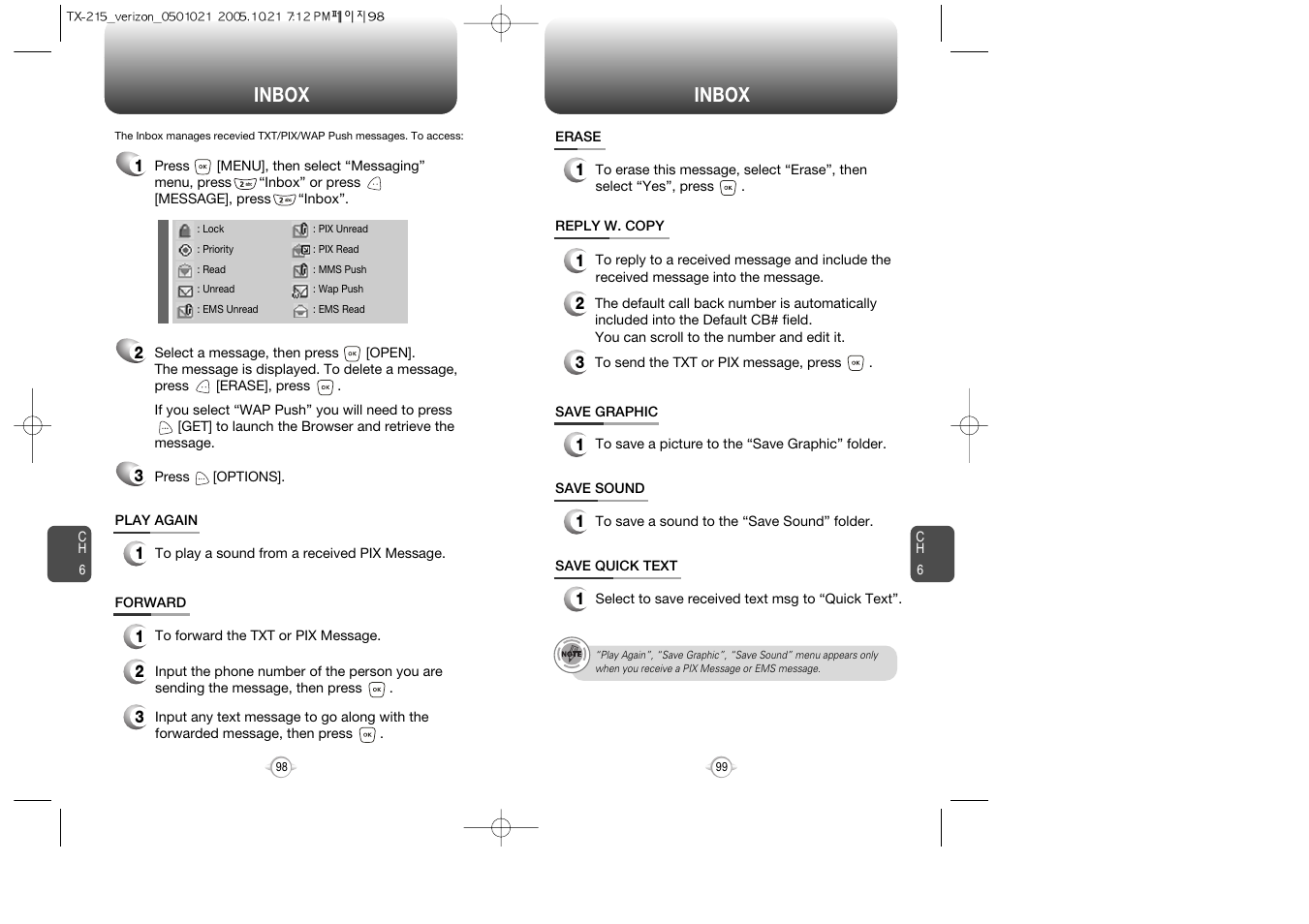 Inbox | Pantech PN-215 User Manual | Page 101 / 140