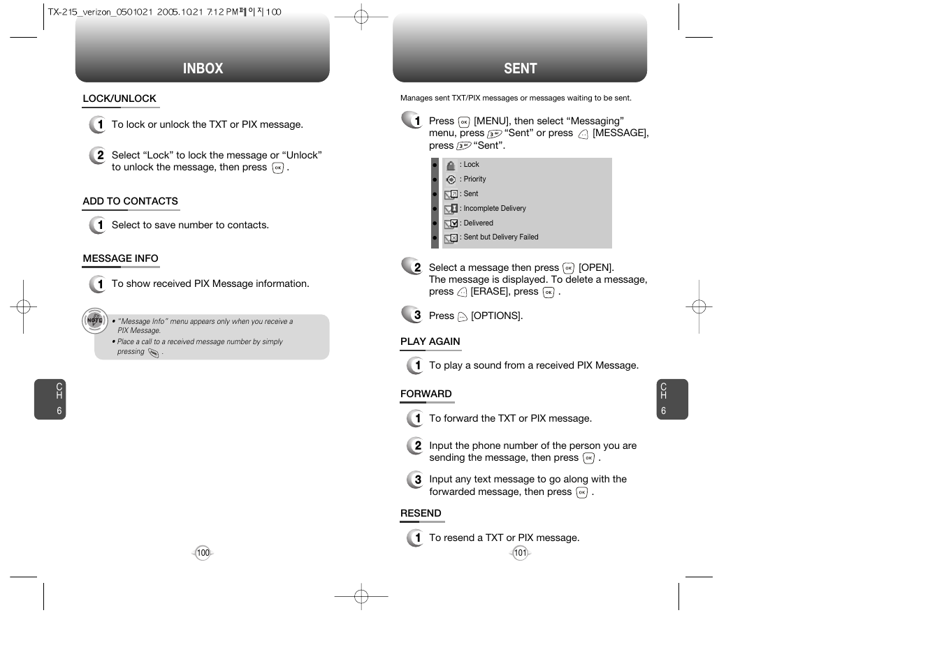 Inbox sent | Pantech PN-215 User Manual | Page 102 / 140