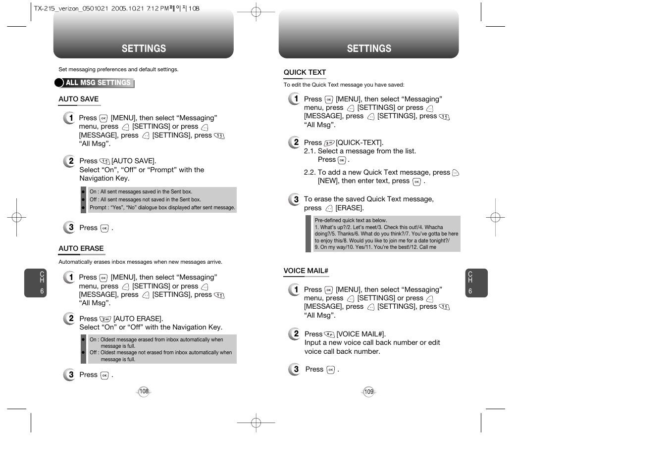 Message settings, Settings | Pantech PN-215 User Manual | Page 110 / 140