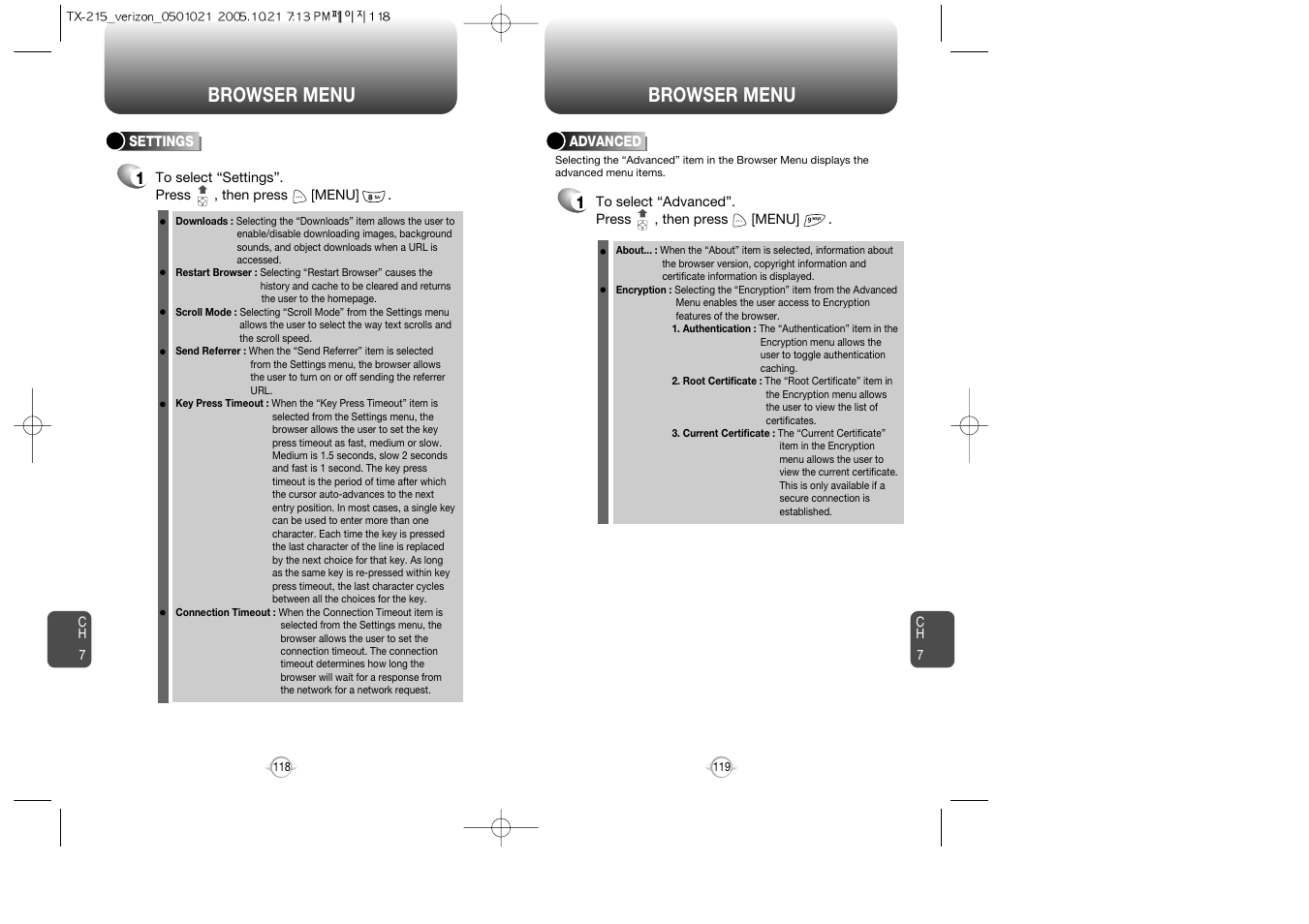 Browser menu | Pantech PN-215 User Manual | Page 120 / 140