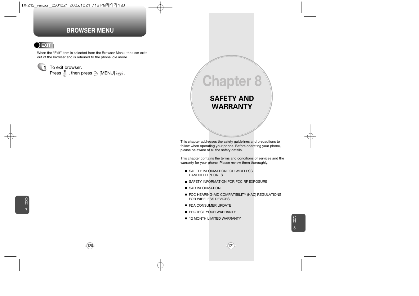 Chapter 8, Safety and warranty, Browser menu | Pantech PN-215 User Manual | Page 122 / 140