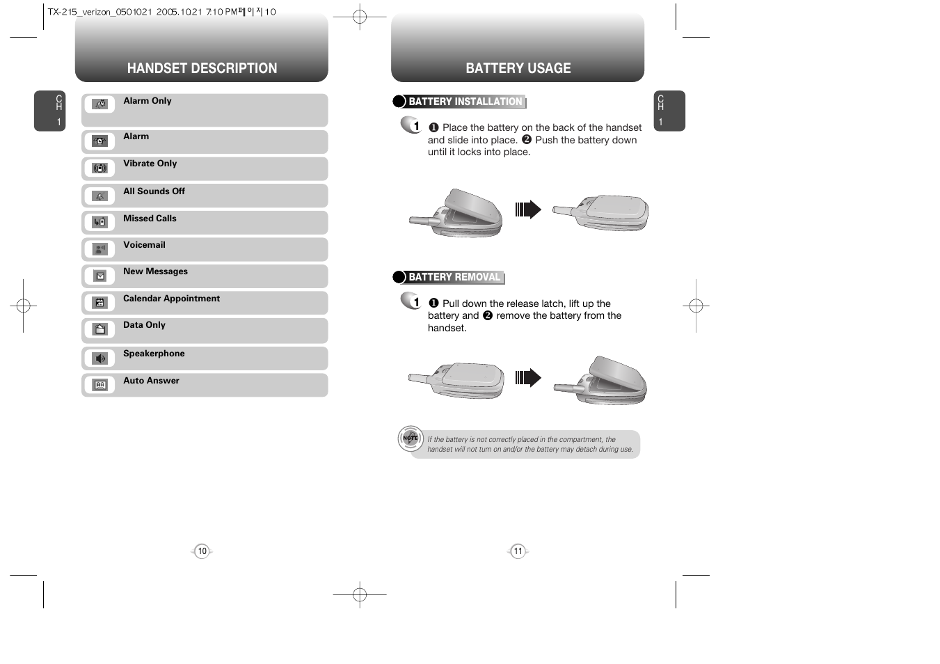 Battery installation & removal, Handset description battery usage | Pantech PN-215 User Manual | Page 13 / 140