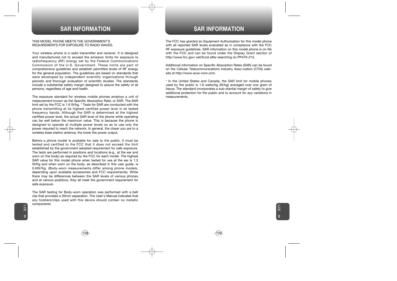 Sar information | Pantech PN-215 User Manual | Page 130 / 140