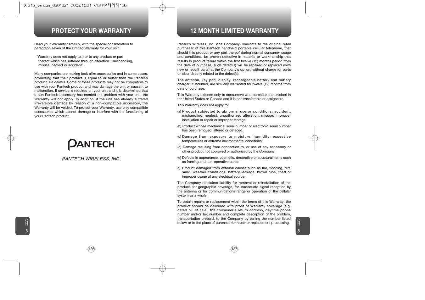 Protect your warranty 12 month limited warranty | Pantech PN-215 User Manual | Page 139 / 140