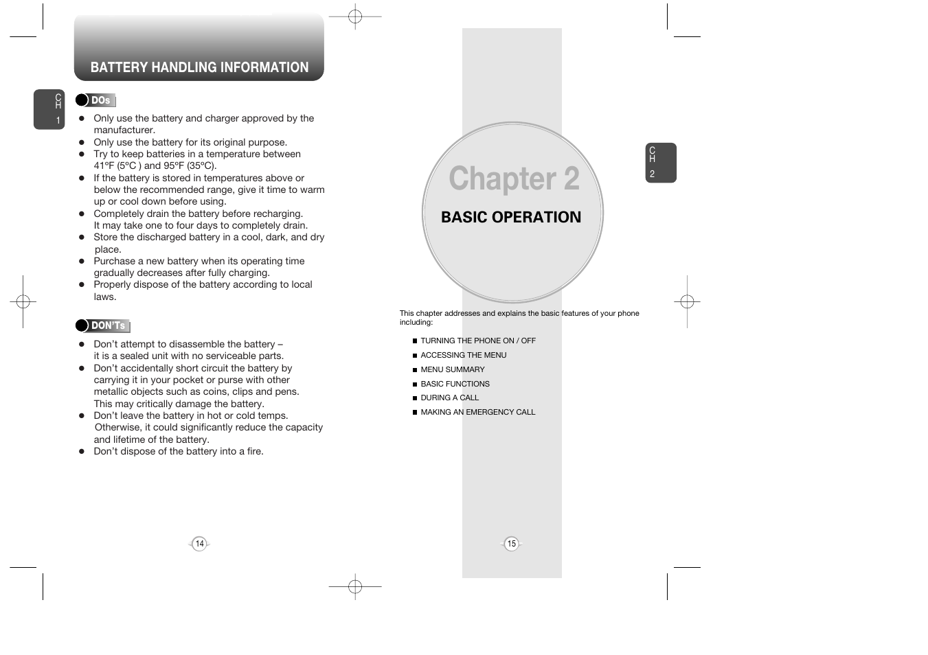 Battery tips, Chapter 2, Basic operation | Battery handling information | Pantech PN-215 User Manual | Page 16 / 140