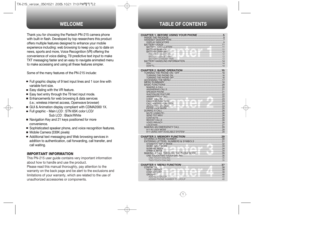 Introduction, Chapter 1 chapter 2 chapter 3 chapter 4 | Pantech PN-215 User Manual | Page 2 / 140