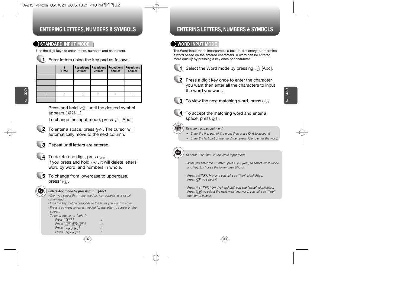 Entering letters, numbers & symbols | Pantech PN-215 User Manual | Page 34 / 140