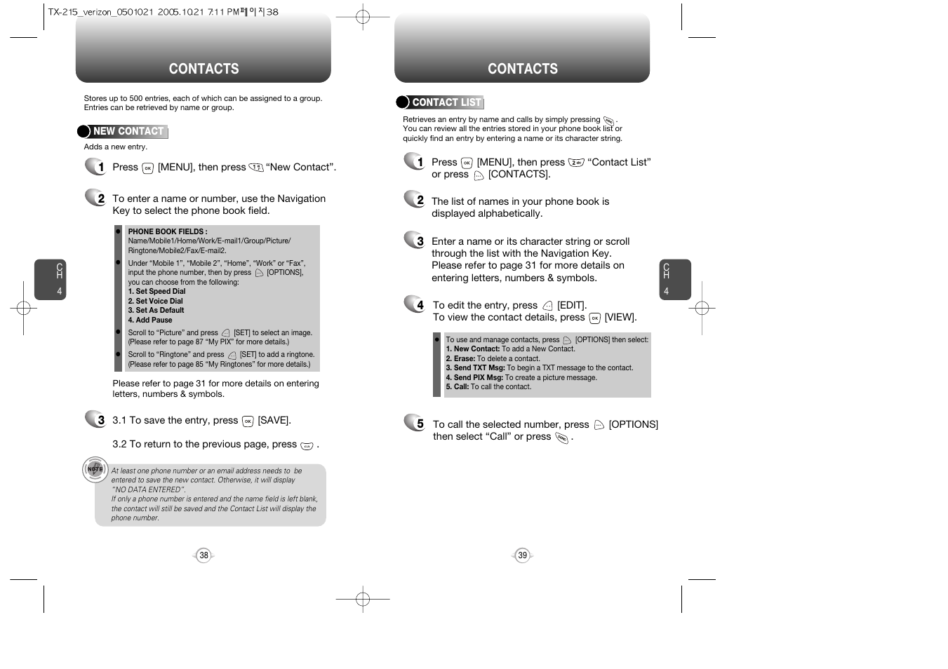 Call a contact, Contacts | Pantech PN-215 User Manual | Page 41 / 140