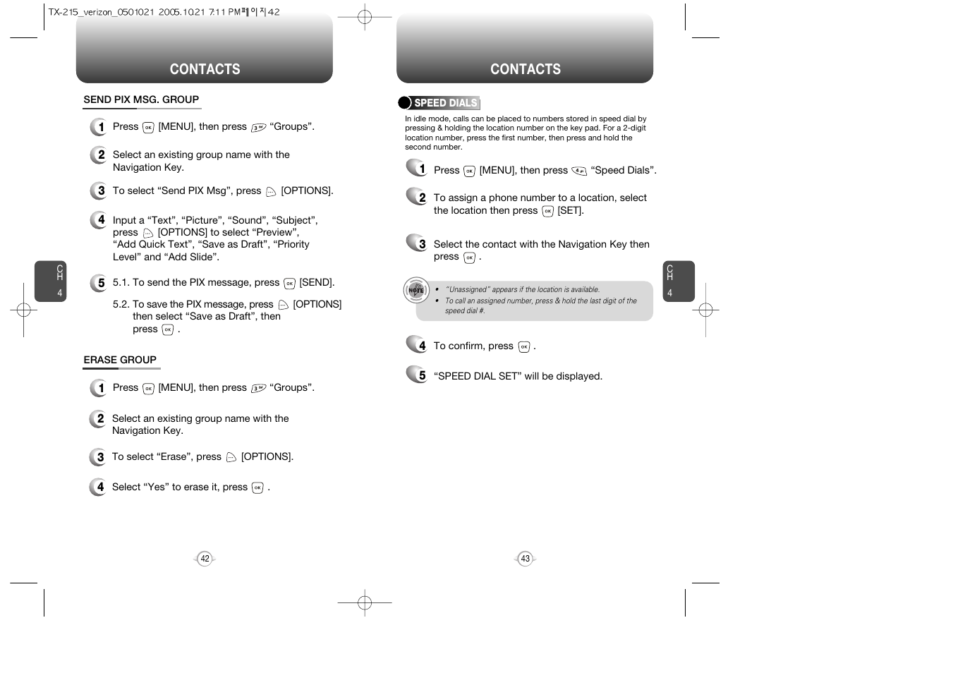 Speed dial, Contacts | Pantech PN-215 User Manual | Page 45 / 140