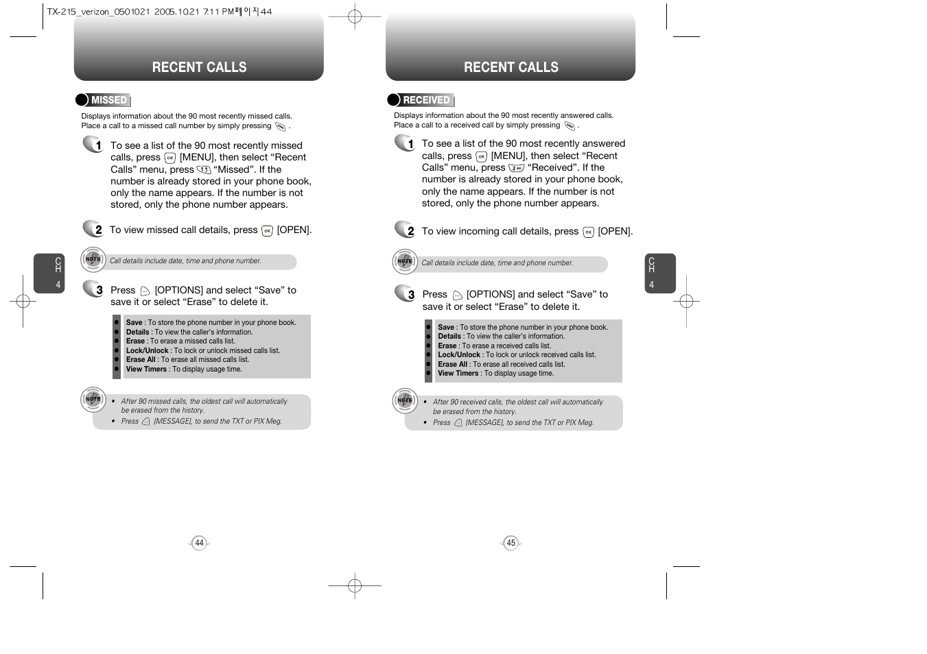 Call lists, Missed calls, Recent calls | Pantech PN-215 User Manual | Page 46 / 140