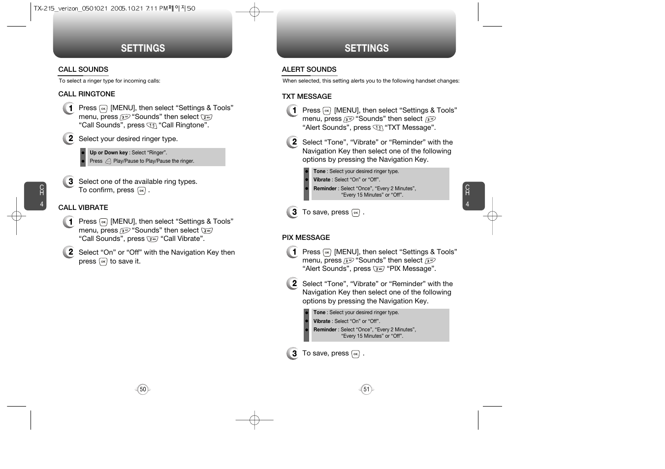 Select ringtone, Call vibrate, Settings | Pantech PN-215 User Manual | Page 52 / 140