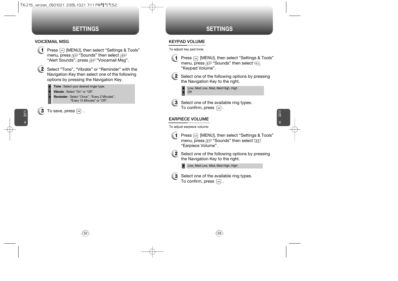 Keypad volume, Speaker volume, Settings | Pantech PN-215 User Manual | Page 55 / 140