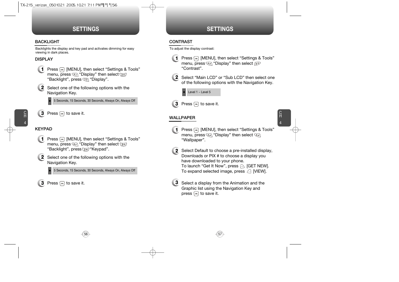 Contrast, Wallpaper, Settings | Pantech PN-215 User Manual | Page 59 / 140