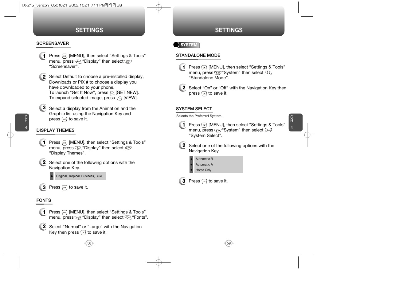 System settings, System select, Settings | Pantech PN-215 User Manual | Page 61 / 140