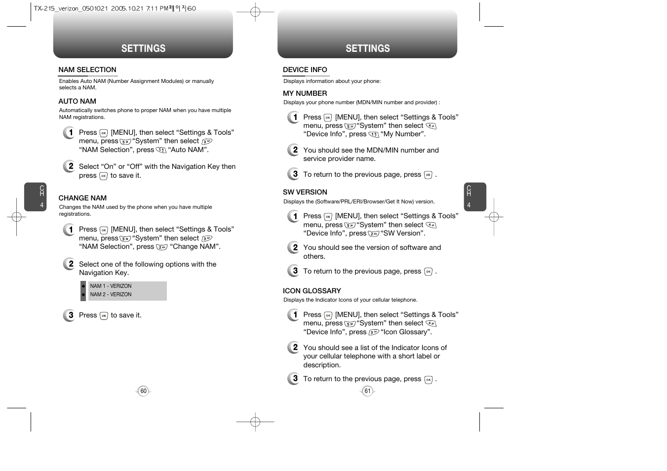 Device info, My number, Software version | Icon glossary, Settings | Pantech PN-215 User Manual | Page 63 / 140