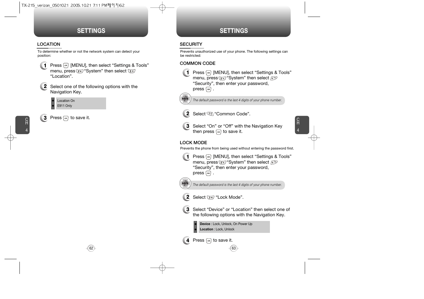 Security settings, Security code, Lock mode | Settings | Pantech PN-215 User Manual | Page 65 / 140