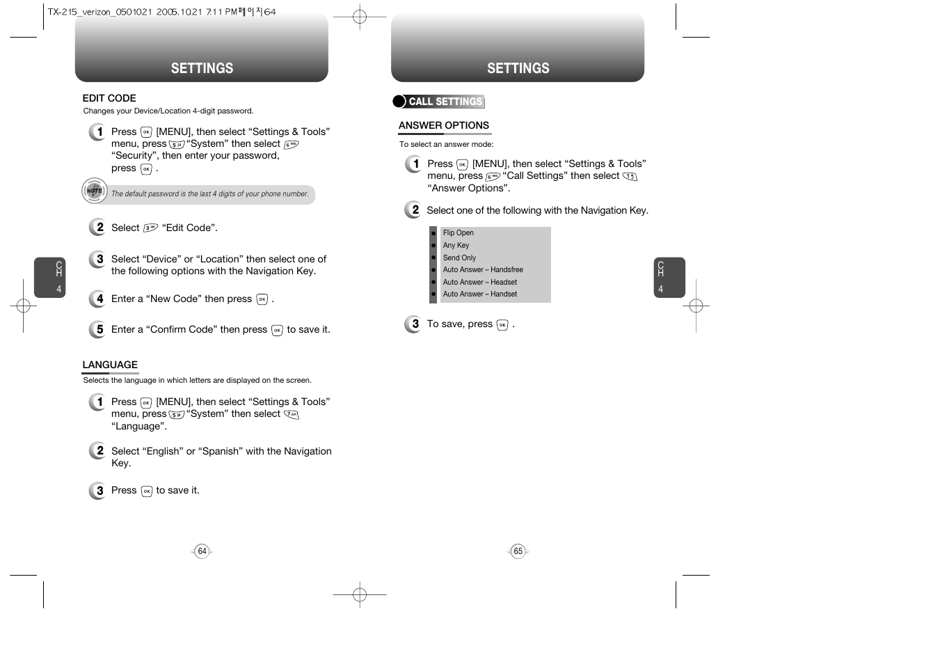 Language setting, Settings | Pantech PN-215 User Manual | Page 66 / 140